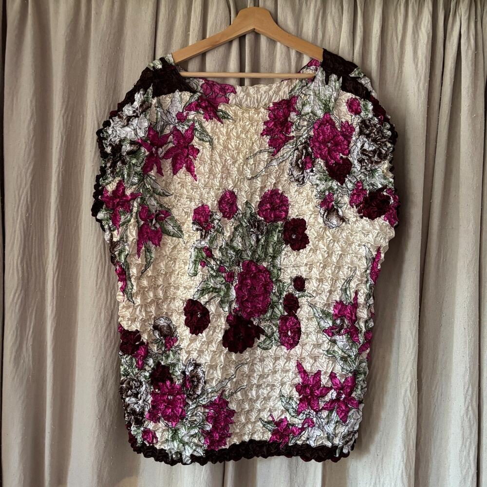 Popcorn Bubble Top Floral Satin Crinkle Blouse Magenta Boho L/XL